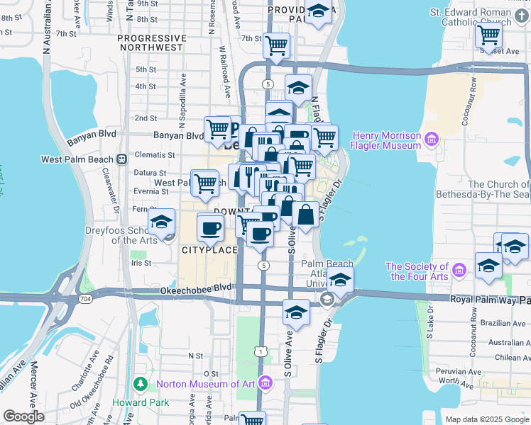 map of restaurants, bars, coffee shops, grocery stores, and more near 401 Fern Street in West Palm Beach