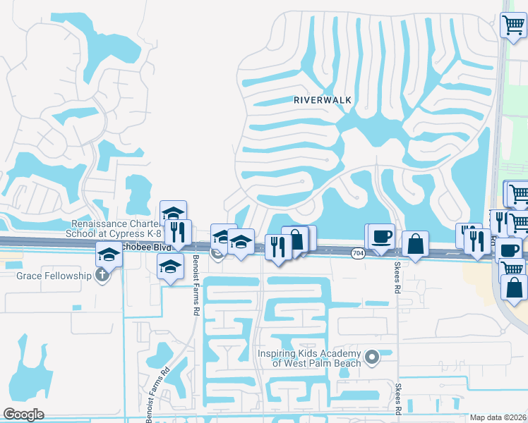 map of restaurants, bars, coffee shops, grocery stores, and more near 2135 Tigris Drive in West Palm Beach