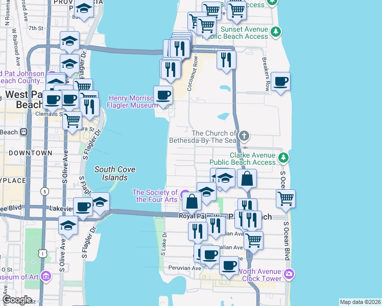 map of restaurants, bars, coffee shops, grocery stores, and more near 134 Cocoanut Row in Palm Beach