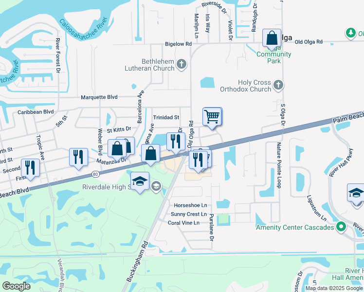 map of restaurants, bars, coffee shops, grocery stores, and more near 14362 Palm Beach Blvd in Fort Myers