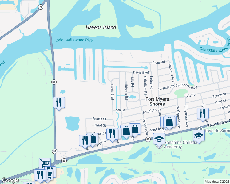 map of restaurants, bars, coffee shops, grocery stores, and more near 2260 Davis Boulevard in Fort Myers