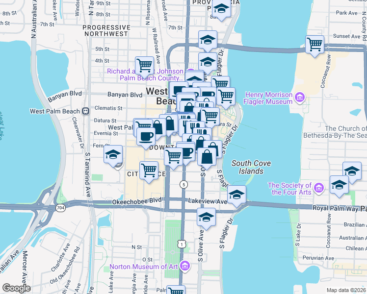 map of restaurants, bars, coffee shops, grocery stores, and more near 400 South Dixie Highway in West Palm Beach