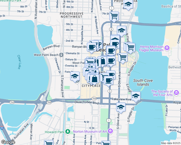 map of restaurants, bars, coffee shops, grocery stores, and more near S Rosemary Ave & Fern St in West Palm Beach