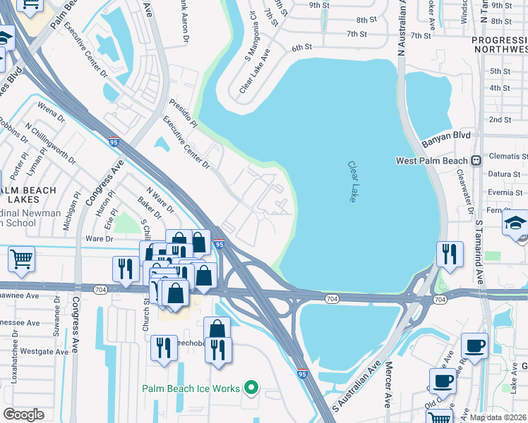 map of restaurants, bars, coffee shops, grocery stores, and more near 710 Executive Center Drive in West Palm Beach