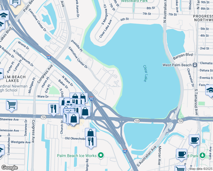 map of restaurants, bars, coffee shops, grocery stores, and more near 605 Executive Center Drive in West Palm Beach