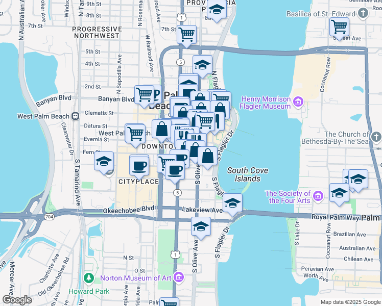map of restaurants, bars, coffee shops, grocery stores, and more near 325 South Olive Avenue in West Palm Beach