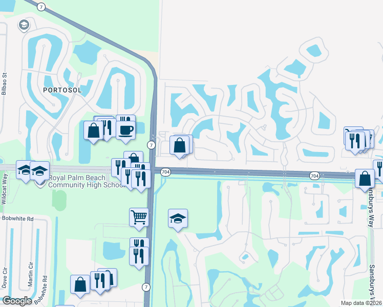 map of restaurants, bars, coffee shops, grocery stores, and more near 9742 Sandpiper Lane in Royal Palm Beach
