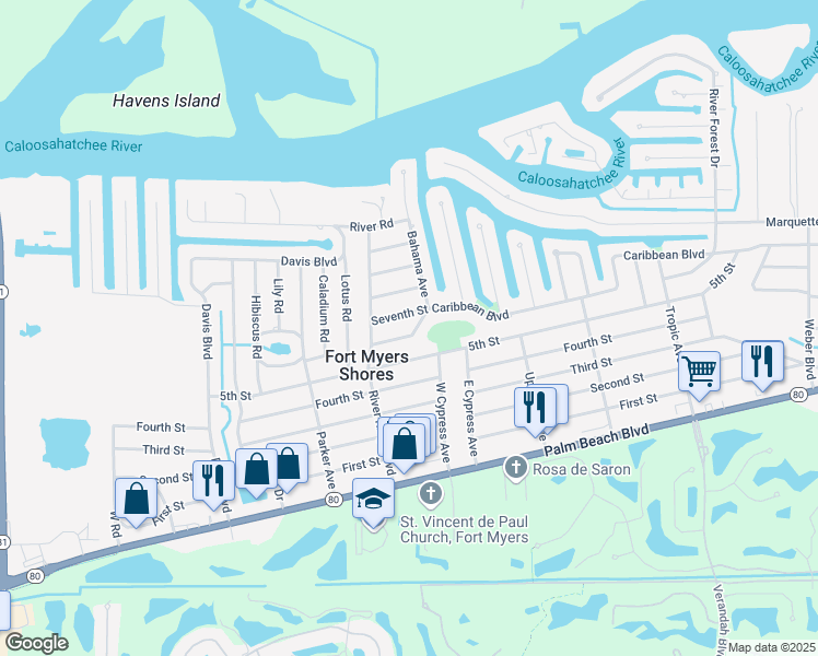 map of restaurants, bars, coffee shops, grocery stores, and more near 13032 Caribbean Boulevard in Fort Myers