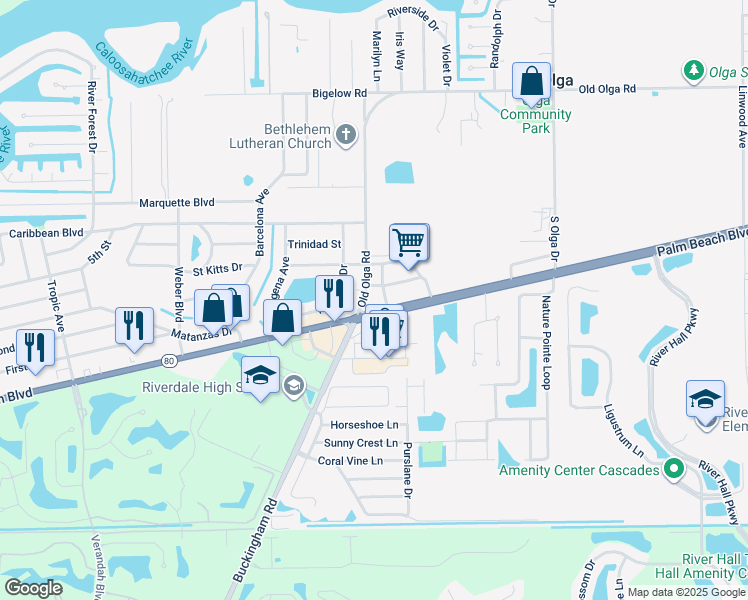 map of restaurants, bars, coffee shops, grocery stores, and more near 14490 Palm Beach Blvd in Fort Myers