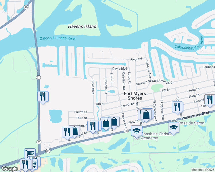 map of restaurants, bars, coffee shops, grocery stores, and more near 2244 Hibiscus Road in Fort Myers
