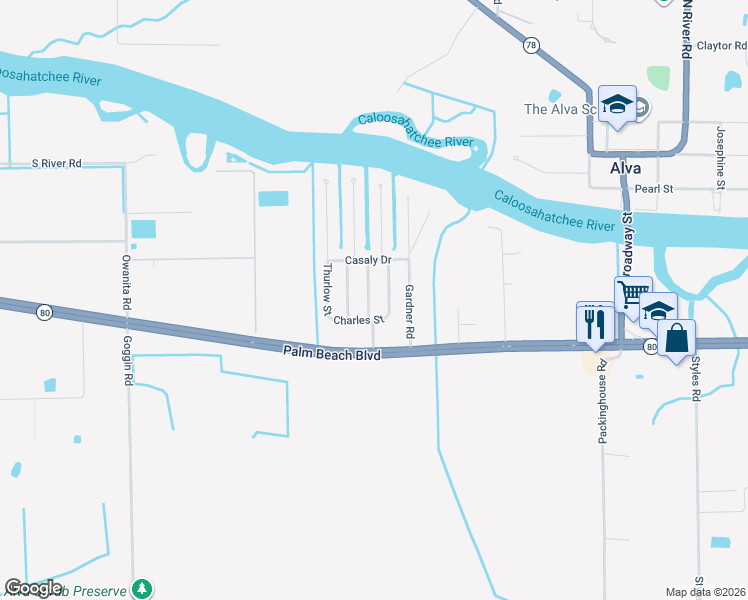 map of restaurants, bars, coffee shops, grocery stores, and more near 2381 Leavitt Road in Alva