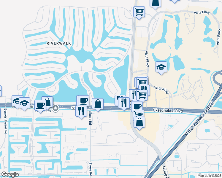 map of restaurants, bars, coffee shops, grocery stores, and more near 2100 Blue Springs Road in West Palm Beach