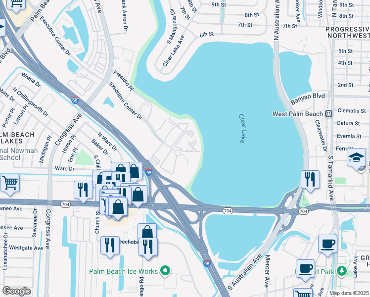 map of restaurants, bars, coffee shops, grocery stores, and more near 744 Executive Center Drive in West Palm Beach