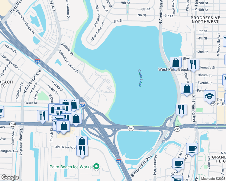 map of restaurants, bars, coffee shops, grocery stores, and more near 760 Executive Center Drive in West Palm Beach
