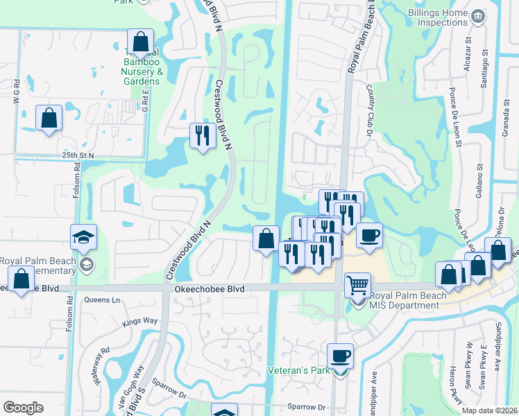 map of restaurants, bars, coffee shops, grocery stores, and more near 2111 Reston Circle in Royal Palm Beach