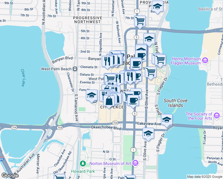 map of restaurants, bars, coffee shops, grocery stores, and more near 360 South Rosemary Avenue in West Palm Beach