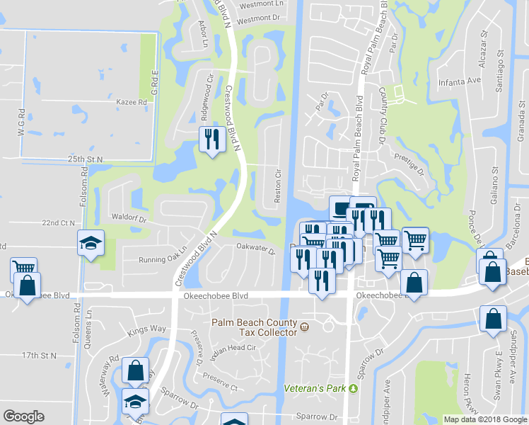 map of restaurants, bars, coffee shops, grocery stores, and more near 2115 Reston Circle in West Palm Beach