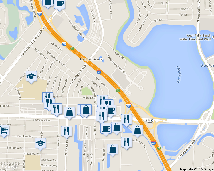 map of restaurants, bars, coffee shops, grocery stores, and more near 406 North Ware Drive in West Palm Beach