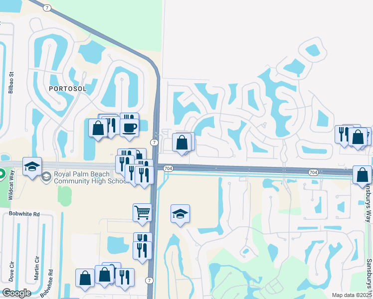 map of restaurants, bars, coffee shops, grocery stores, and more near 9905 Baywinds Drive in Royal Palm Beach