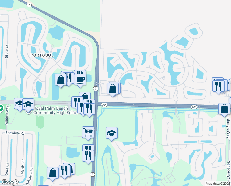 map of restaurants, bars, coffee shops, grocery stores, and more near 9905 Baywinds Drive in West Palm Beach
