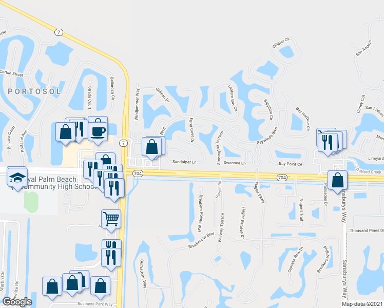 map of restaurants, bars, coffee shops, grocery stores, and more near 9545 Sandpiper Shores Way in Royal Palm Beach