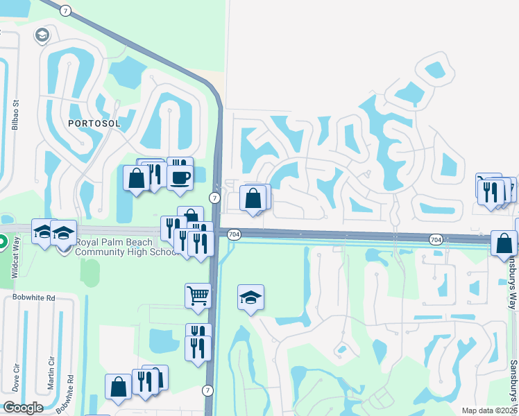 map of restaurants, bars, coffee shops, grocery stores, and more near 9742 Sandpiper Lane in Royal Palm Beach