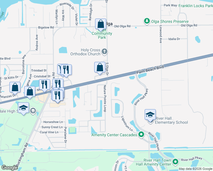 map of restaurants, bars, coffee shops, grocery stores, and more near 2372 Nature Pointe Loop in Fort Myers