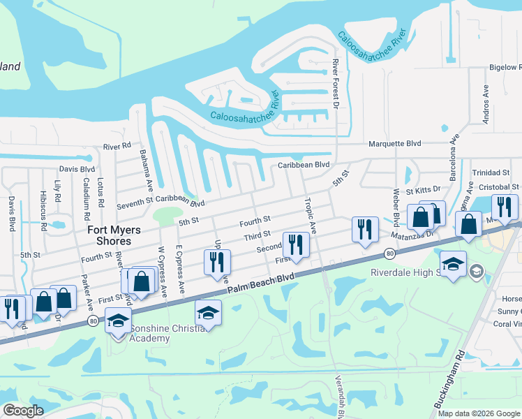 map of restaurants, bars, coffee shops, grocery stores, and more near 13414 Fourth Street in Fort Myers