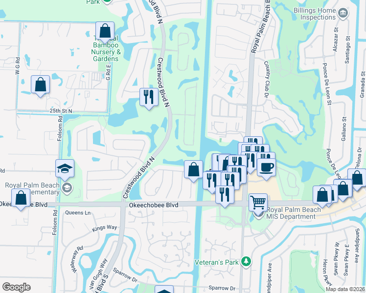 map of restaurants, bars, coffee shops, grocery stores, and more near 2117 Reston Circle in Royal Palm Beach