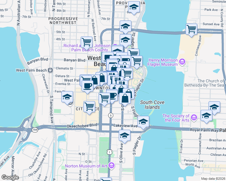 map of restaurants, bars, coffee shops, grocery stores, and more near 400 South Dixie Highway in West Palm Beach