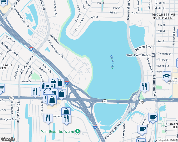 map of restaurants, bars, coffee shops, grocery stores, and more near 710 Executive Center Drive in West Palm Beach