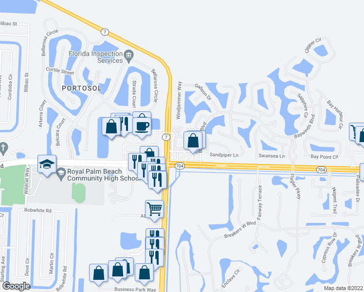 map of restaurants, bars, coffee shops, grocery stores, and more near 9845 Baywinds Drive in Royal Palm Beach