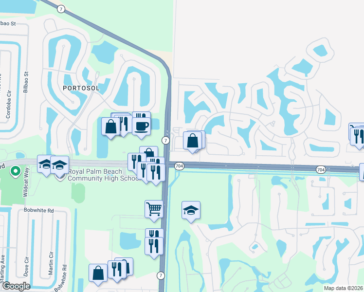 map of restaurants, bars, coffee shops, grocery stores, and more near 9901 Baywinds Boulevard in Royal Palm Beach