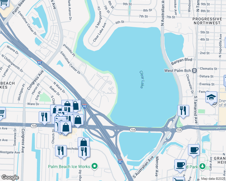 map of restaurants, bars, coffee shops, grocery stores, and more near 710 Executive Center Drive in West Palm Beach