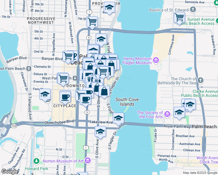 map of restaurants, bars, coffee shops, grocery stores, and more near 321 South Flagler Drive in West Palm Beach