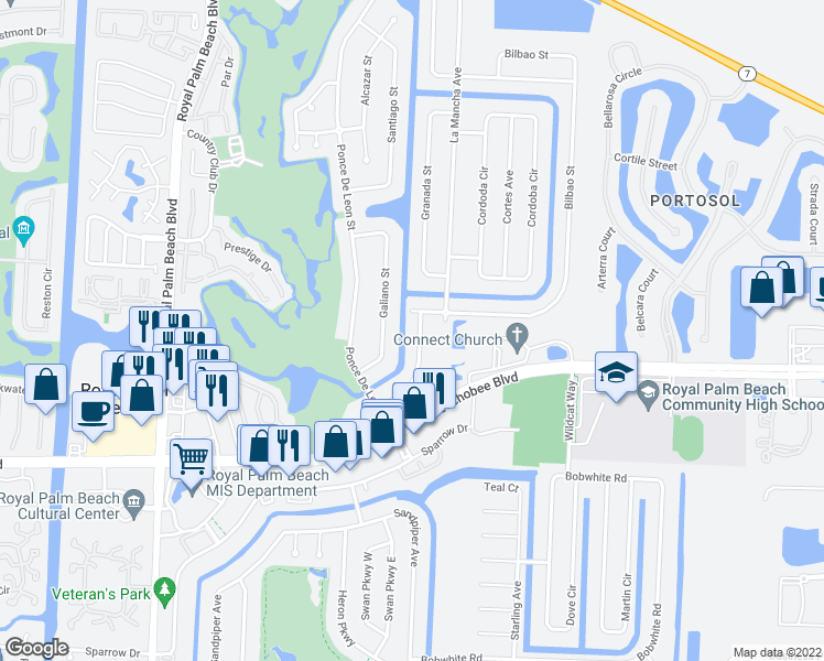 map of restaurants, bars, coffee shops, grocery stores, and more near 126 Barcelona Drive in West Palm Beach