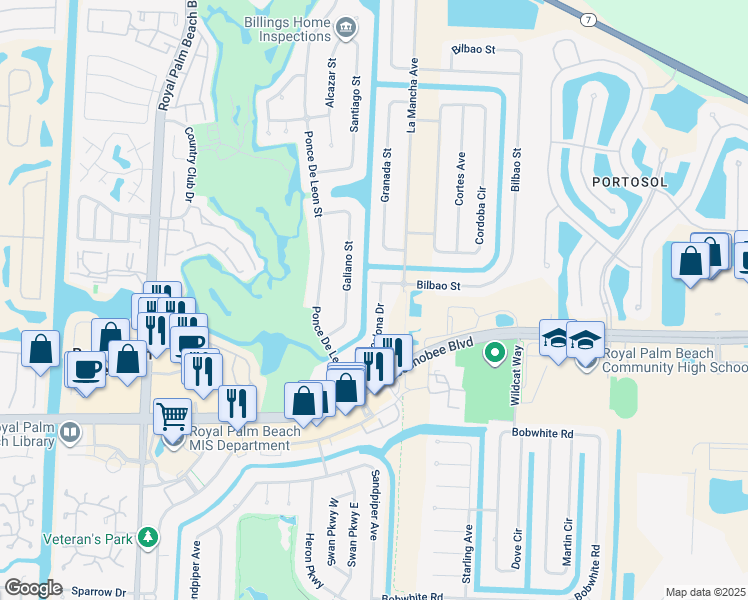 map of restaurants, bars, coffee shops, grocery stores, and more near 126 Barcelona Drive in Royal Palm Beach