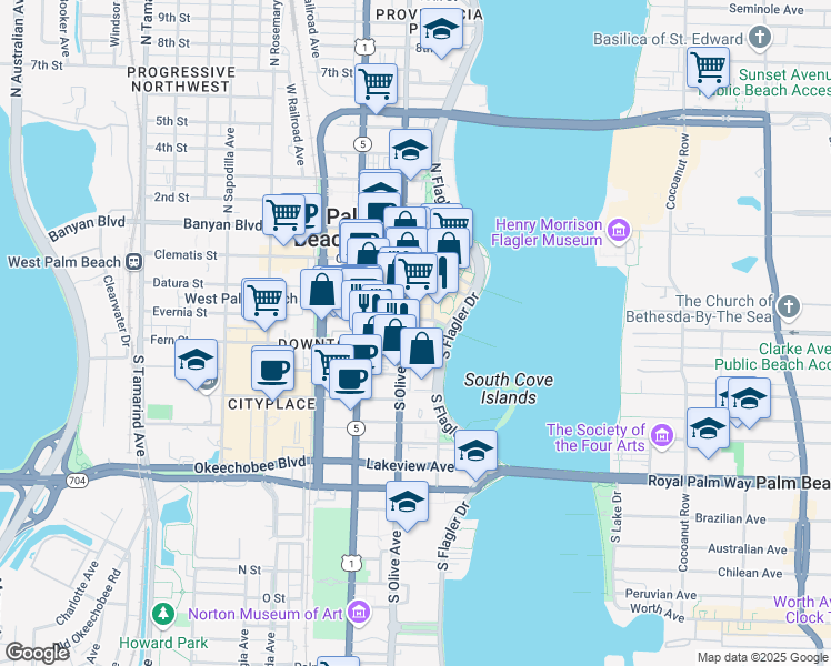 map of restaurants, bars, coffee shops, grocery stores, and more near 325 South Olive Avenue in West Palm Beach
