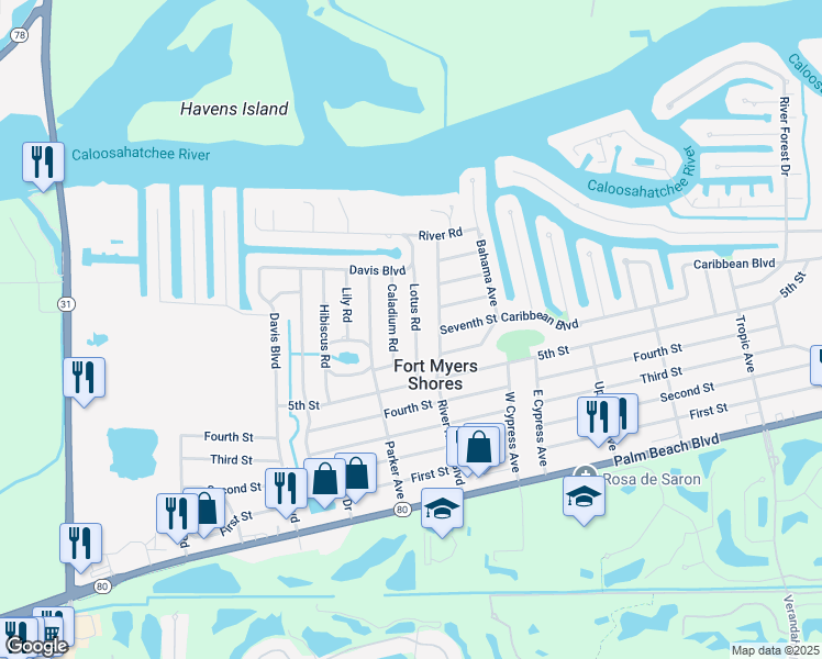 map of restaurants, bars, coffee shops, grocery stores, and more near 2239 Lotus Road in Fort Myers