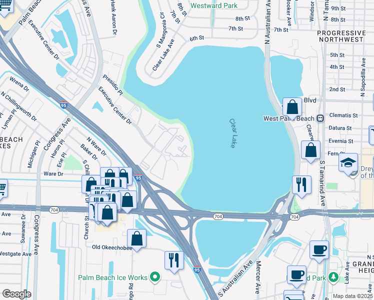 map of restaurants, bars, coffee shops, grocery stores, and more near 760 Executive Center Drive in West Palm Beach