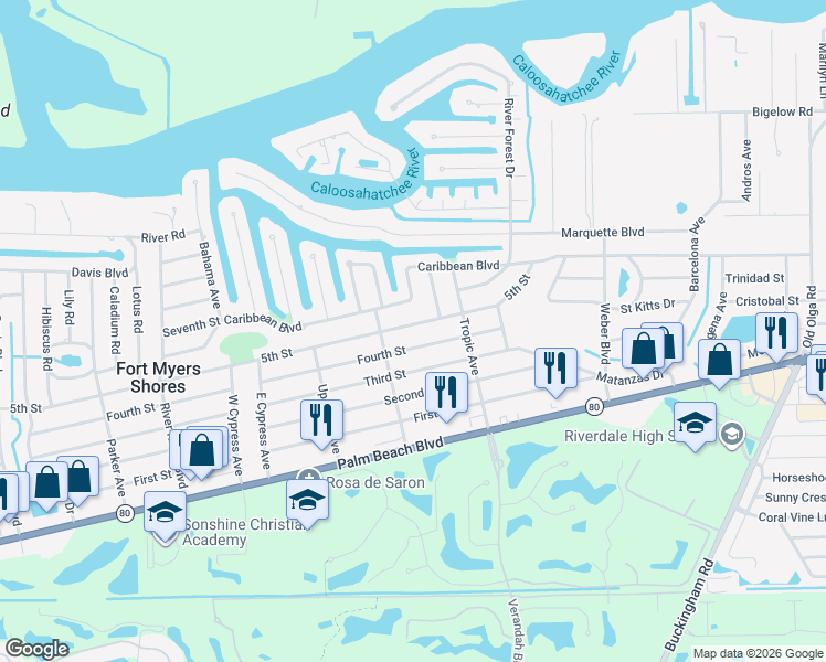 map of restaurants, bars, coffee shops, grocery stores, and more near 13425 5th Street in Fort Myers