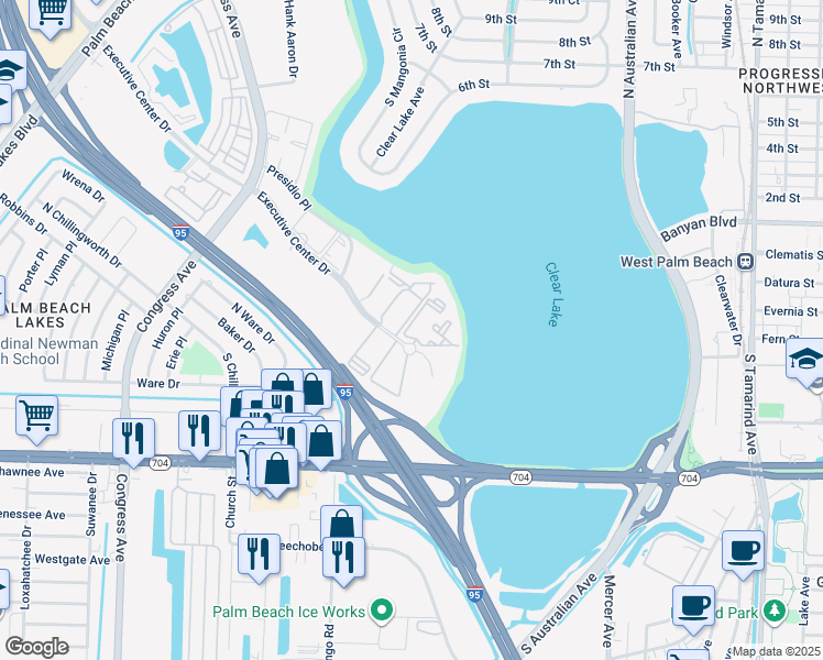 map of restaurants, bars, coffee shops, grocery stores, and more near 605 Executive Center Drive in West Palm Beach