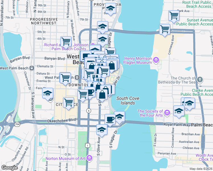 map of restaurants, bars, coffee shops, grocery stores, and more near 315 South Flagler Drive in West Palm Beach
