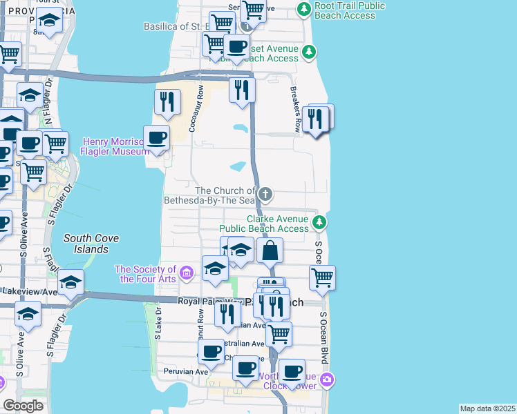 map of restaurants, bars, coffee shops, grocery stores, and more near 141 S County Rd in Palm Beach