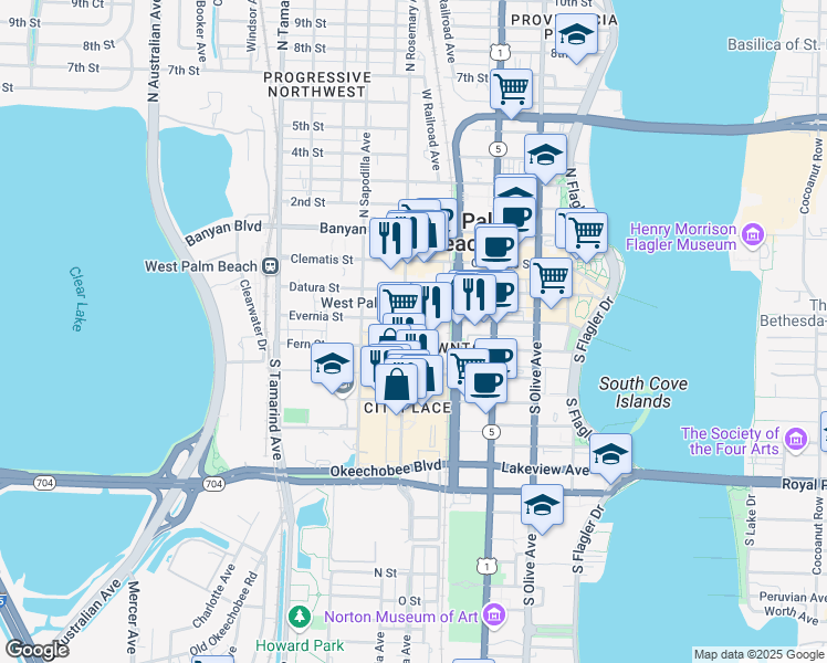map of restaurants, bars, coffee shops, grocery stores, and more near 360 South Rosemary Avenue in West Palm Beach