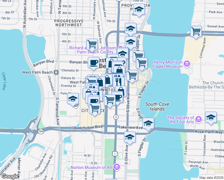map of restaurants, bars, coffee shops, grocery stores, and more near in West Palm Beach