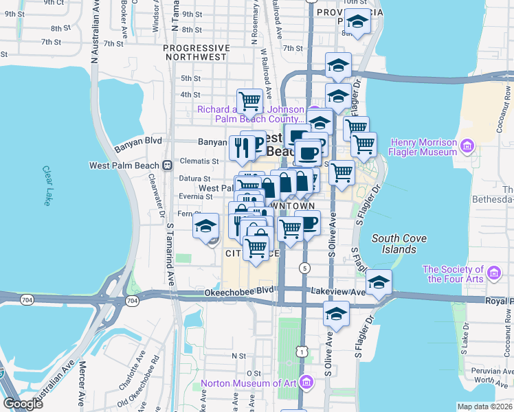 map of restaurants, bars, coffee shops, grocery stores, and more near in West Palm Beach
