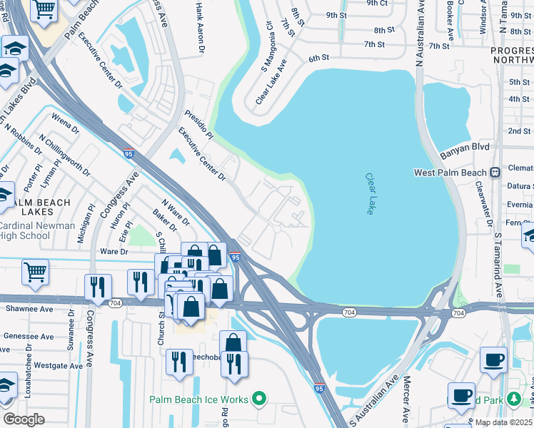 map of restaurants, bars, coffee shops, grocery stores, and more near 616 Executive Center Drive in West Palm Beach