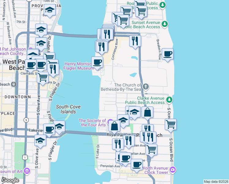 map of restaurants, bars, coffee shops, grocery stores, and more near 134 Cocoanut Row in Palm Beach