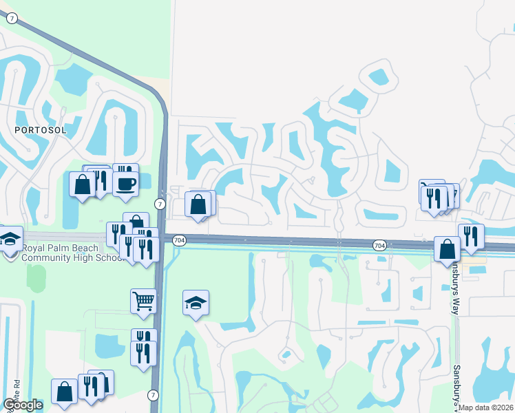 map of restaurants, bars, coffee shops, grocery stores, and more near 9660 Egret Chase Lane in Royal Palm Beach